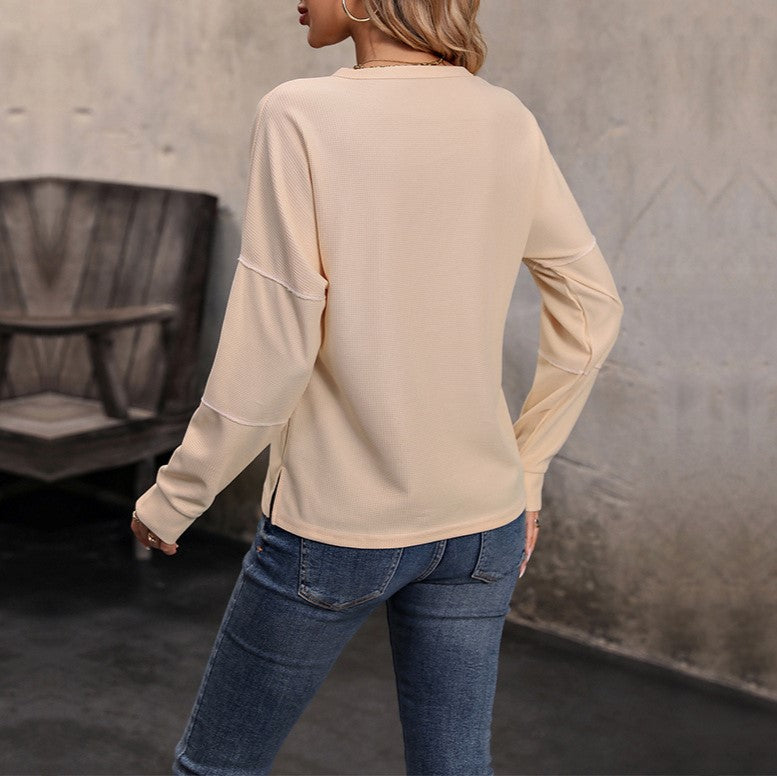 Waffle Texture Henley Long Sleeve Top - Beige - 5