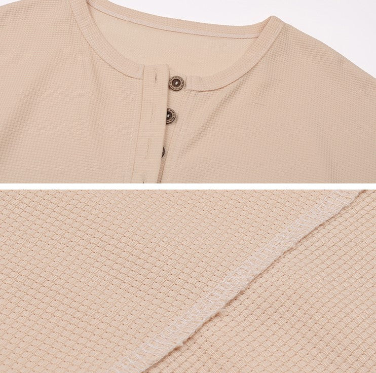 Waffle Texture Henley Long Sleeve Top - Beige - 6