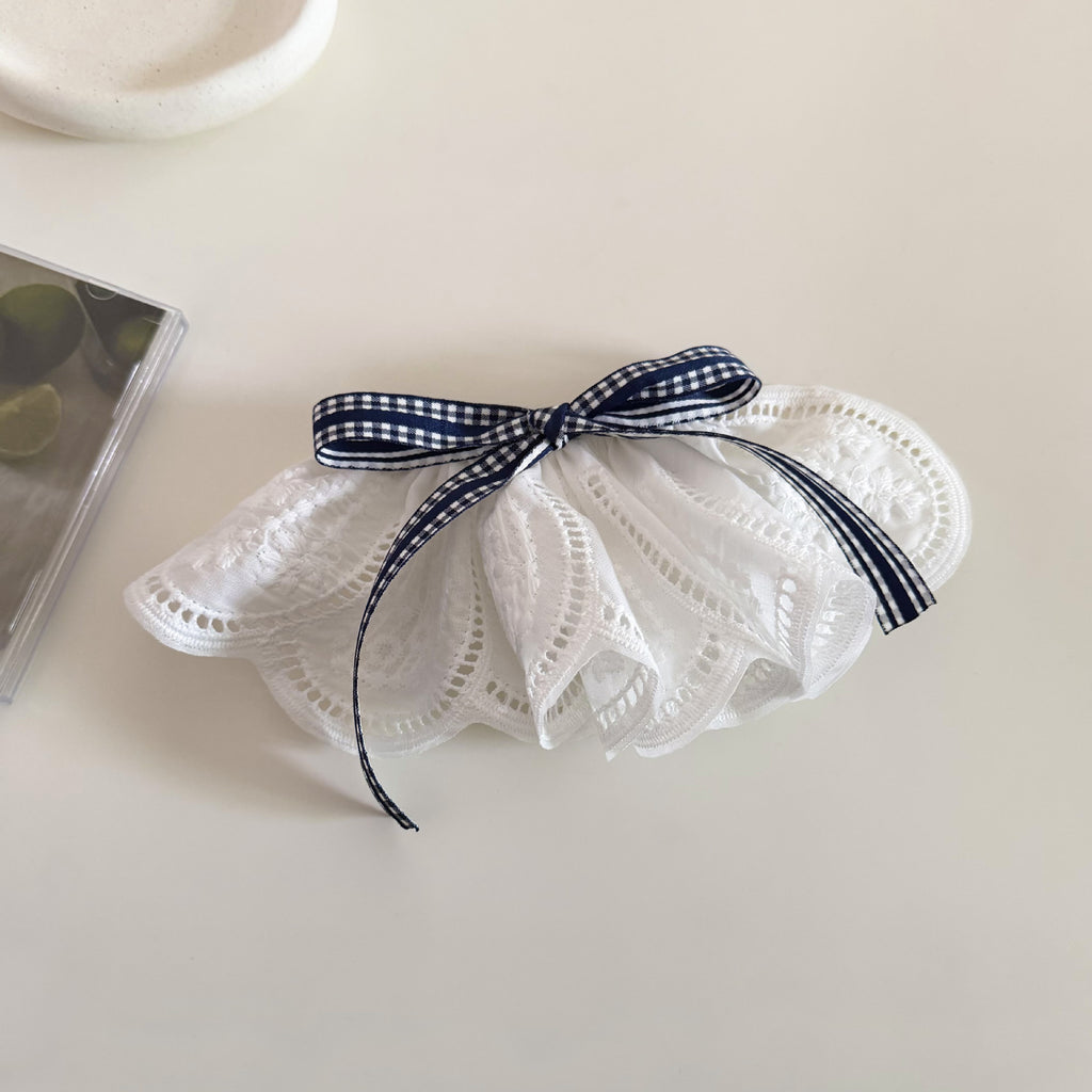 Scalloped Eyelet Ruffle Bow Hair Clips - Checkered