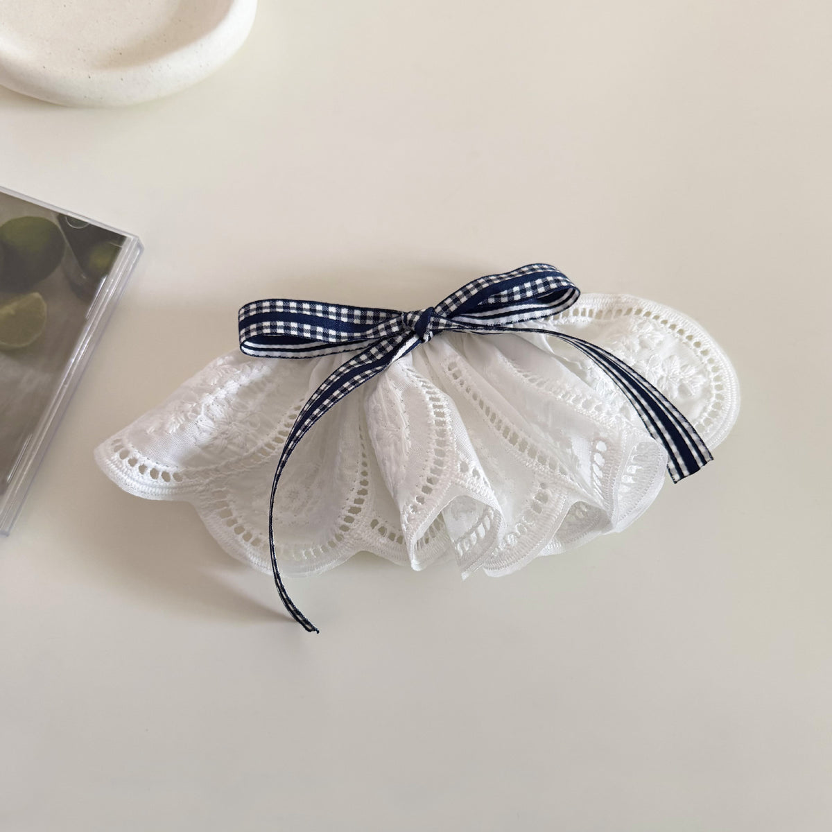 Scalloped Eyelet Ruffle Bow Hair Clips - Checkered