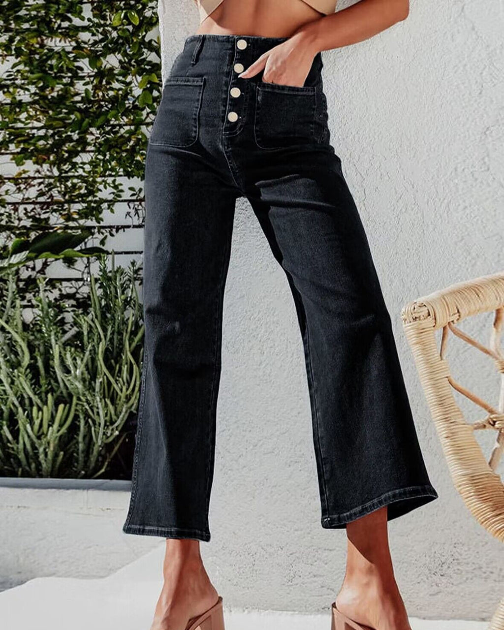 Button Fly Cropped Wide Leg Jeans - Black - 1
