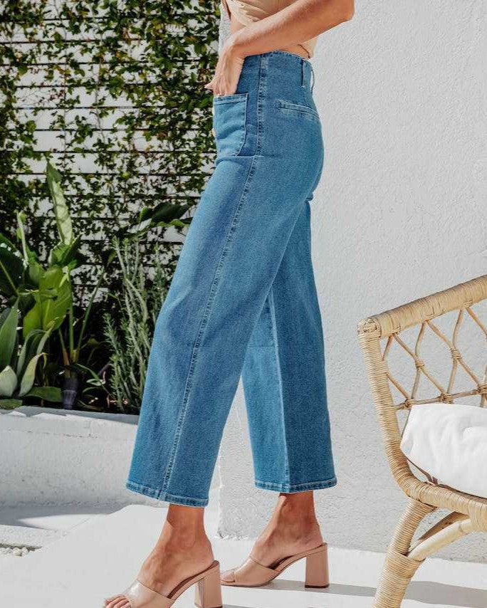 Button Fly Cropped Wide Leg Jeans - Black - 2