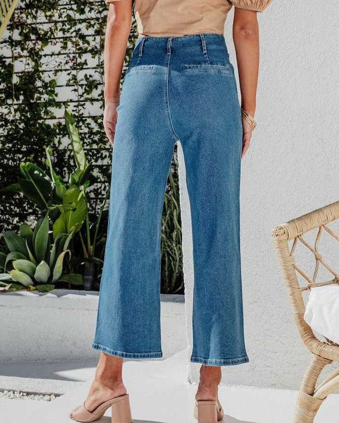Button Fly Cropped Wide Leg Jeans - Black - 3