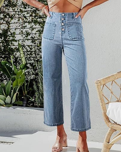 Button Fly Cropped Wide Leg Jeans - Light-Blue