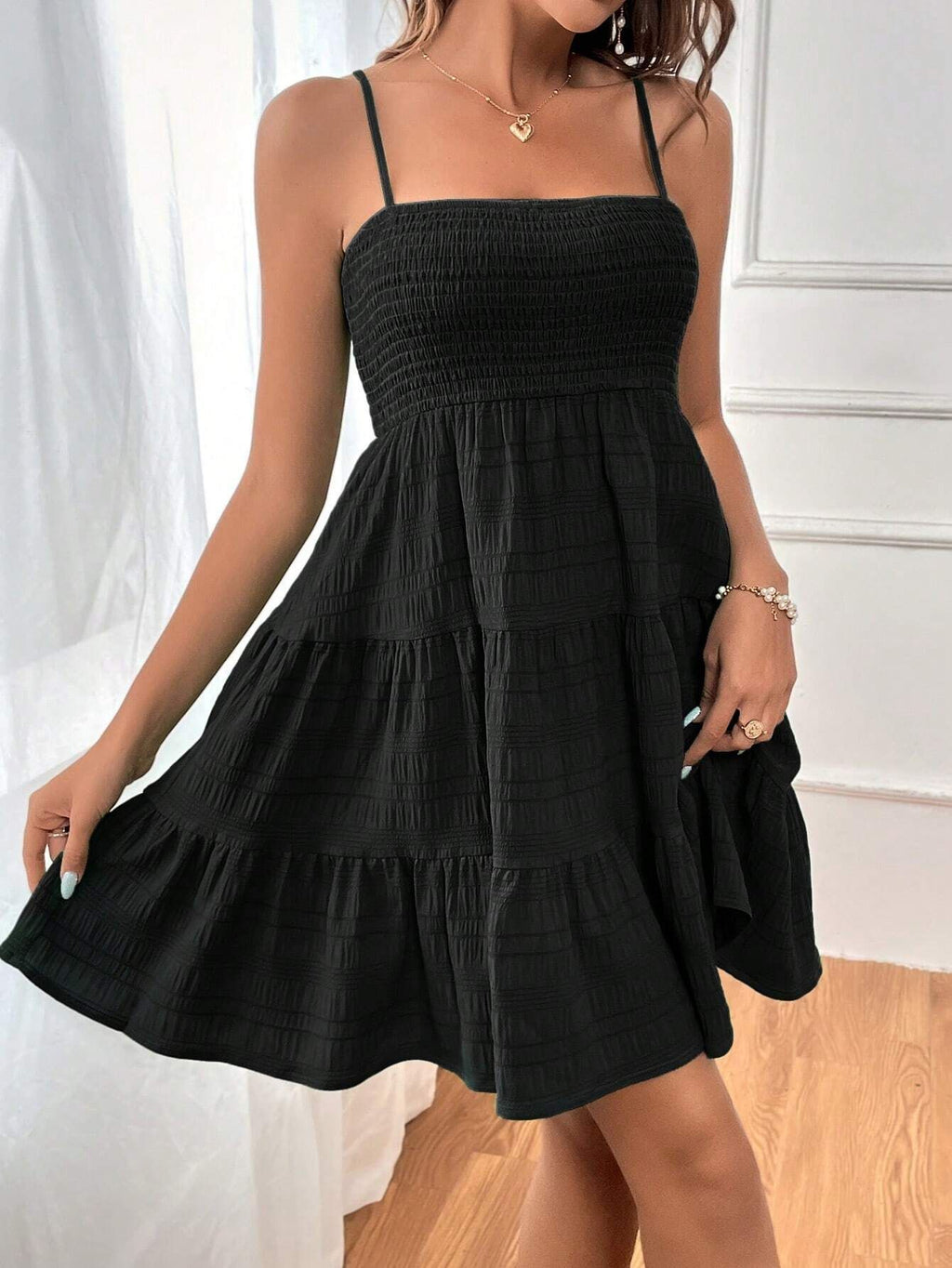 Smocked Bodice Tiered Mini Sundress - Black