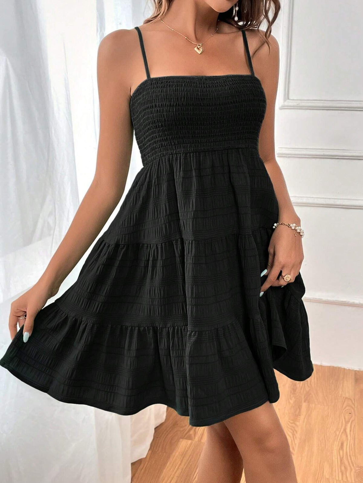 Smocked Bodice Tiered Mini Sundress - Black