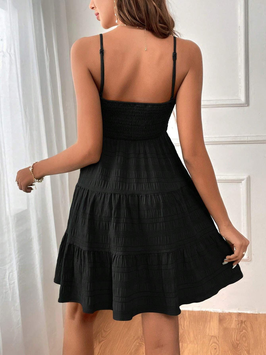 Smocked Bodice Tiered Mini Sundress - Black - 1