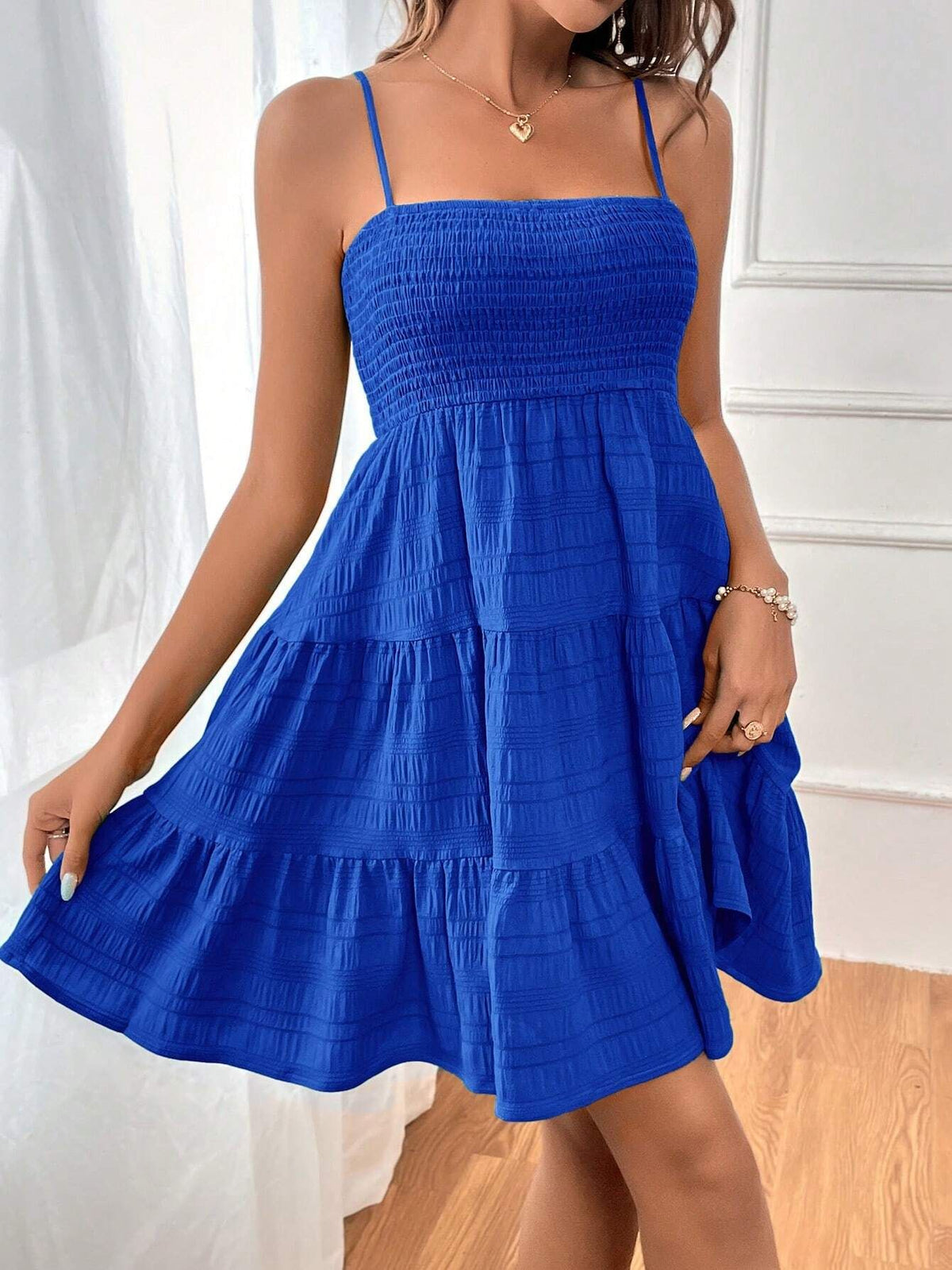 Smocked Bodice Tiered Mini Sundress - Blue - 1