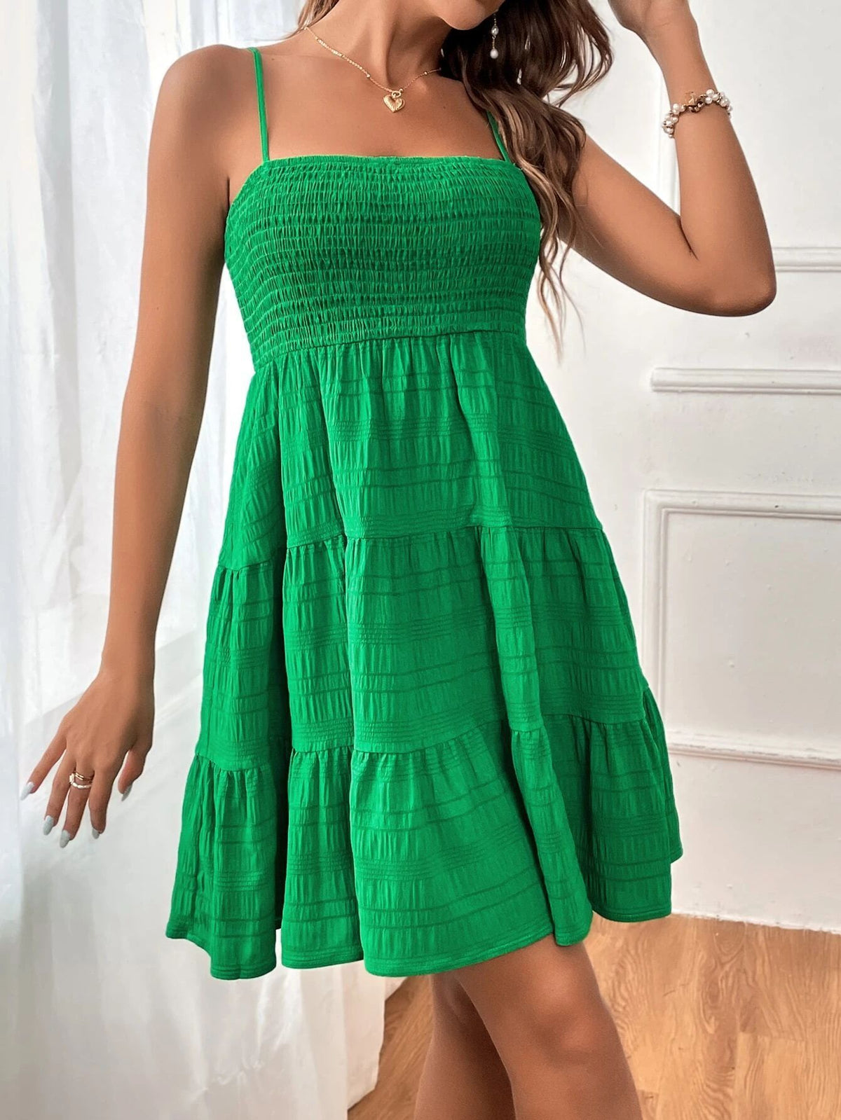 Smocked Bodice Tiered Mini Sundress - Green