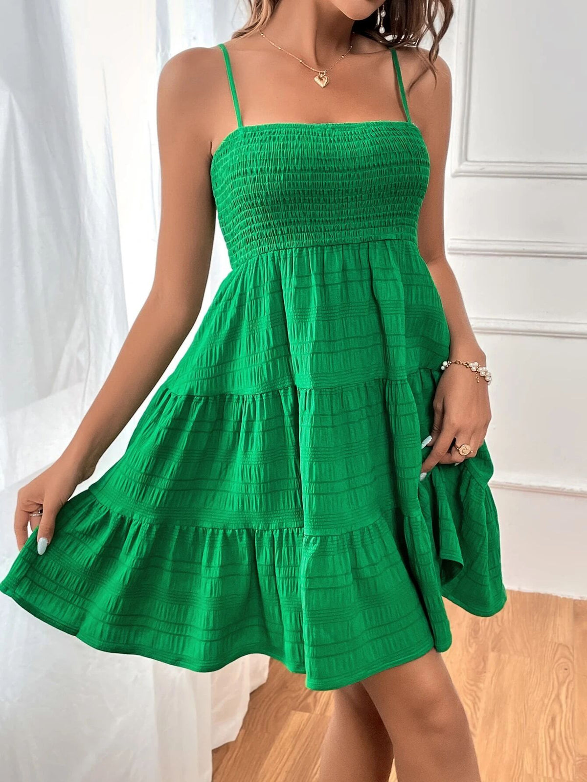 Smocked Bodice Tiered Mini Sundress - Green - 1