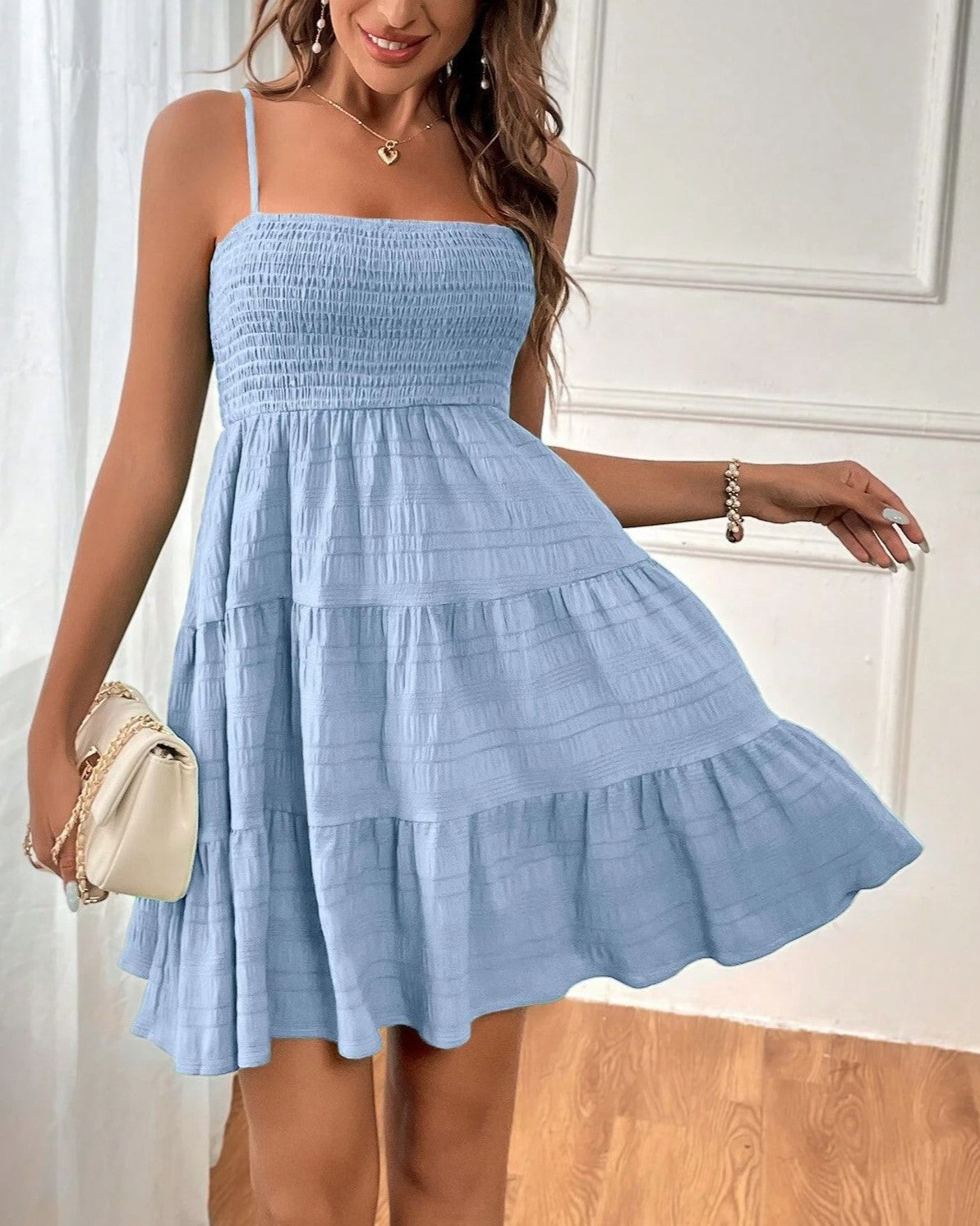 Smocked Bodice Tiered Mini Sundress - Light Blue