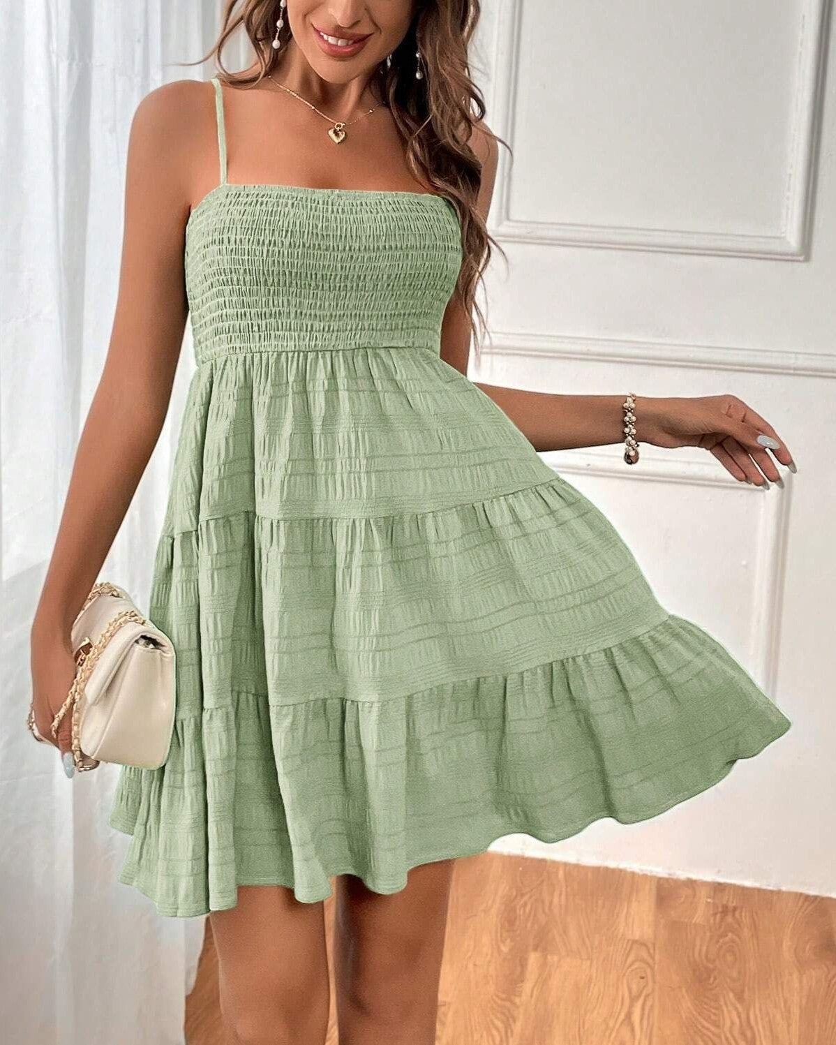 Smocked Bodice Tiered Mini Sundress - Light Green