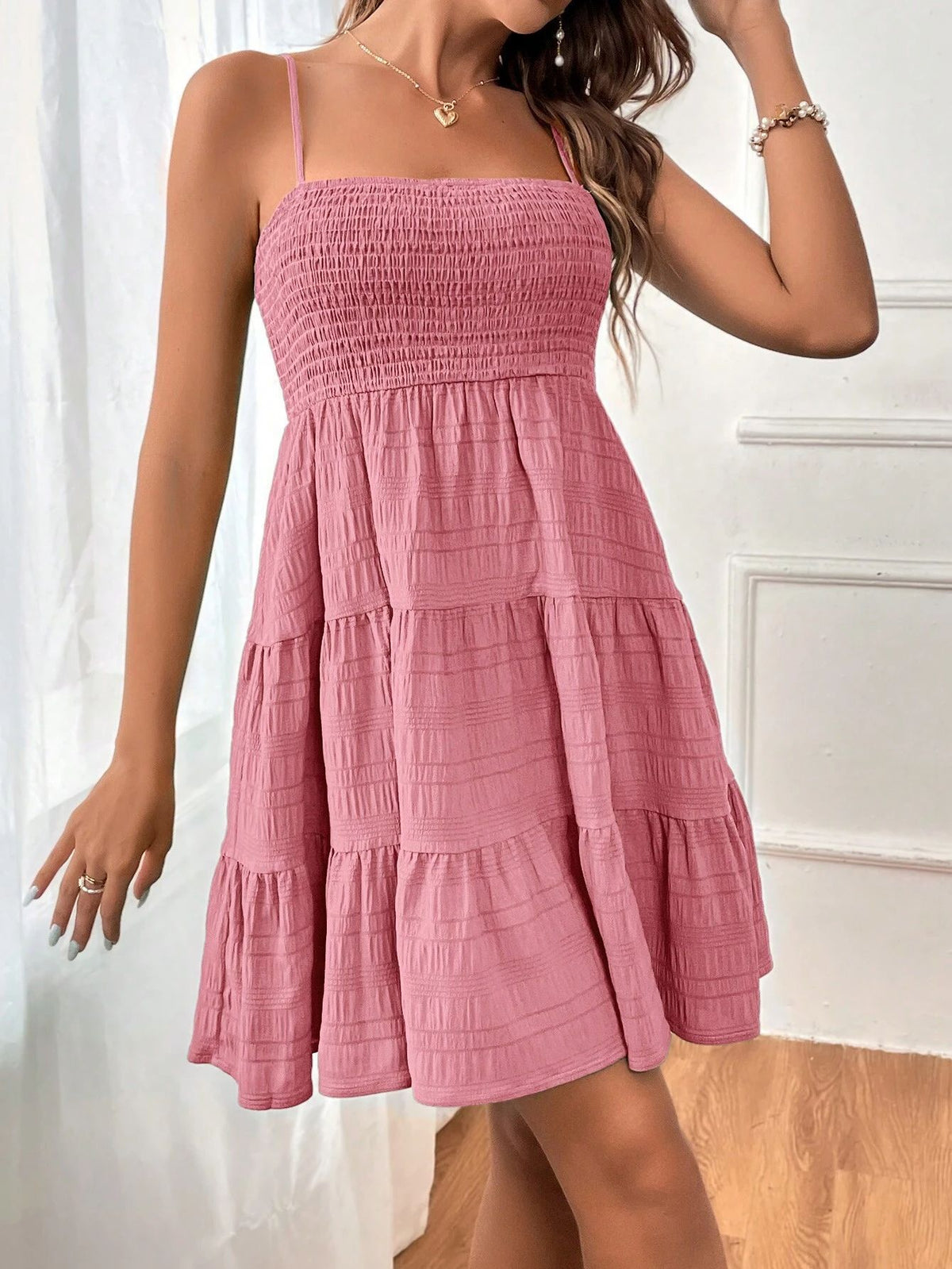 Smocked Bodice Tiered Mini Sundress - Pink - 1