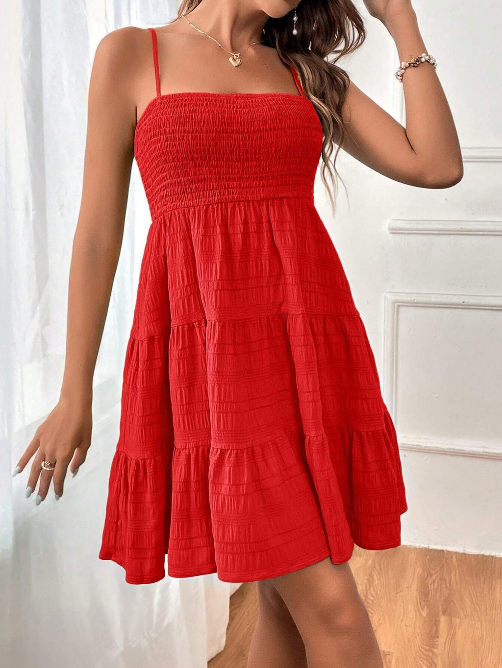 Smocked Bodice Tiered Mini Sundress - Red