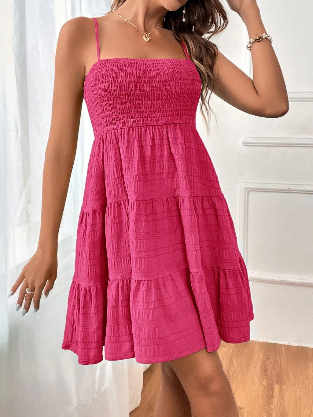 Smocked Bodice Tiered Mini Sundress - Rose Red