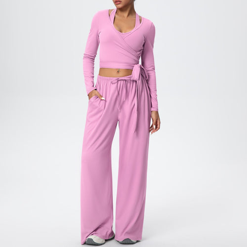 3-Piece Brushed Wrap Top Wide Leg Yoga Set