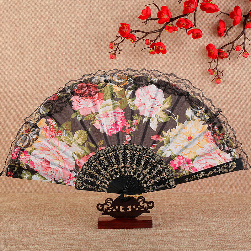Peony Floral Lace Edge Folding Fan - Black