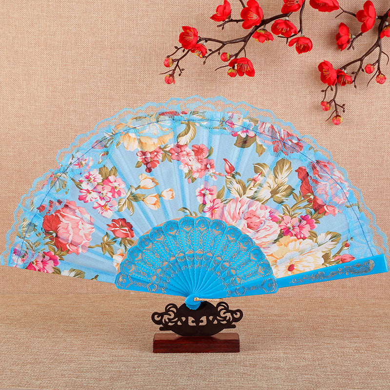 Peony Floral Lace Edge Folding Fan - Blue