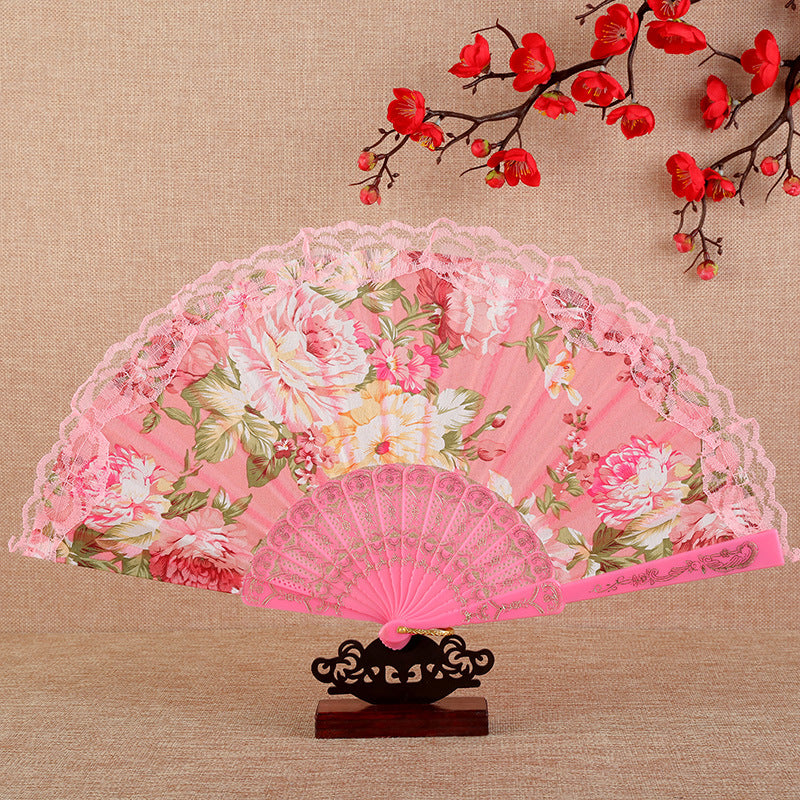 Peony Floral Lace Edge Folding Fan - Pink