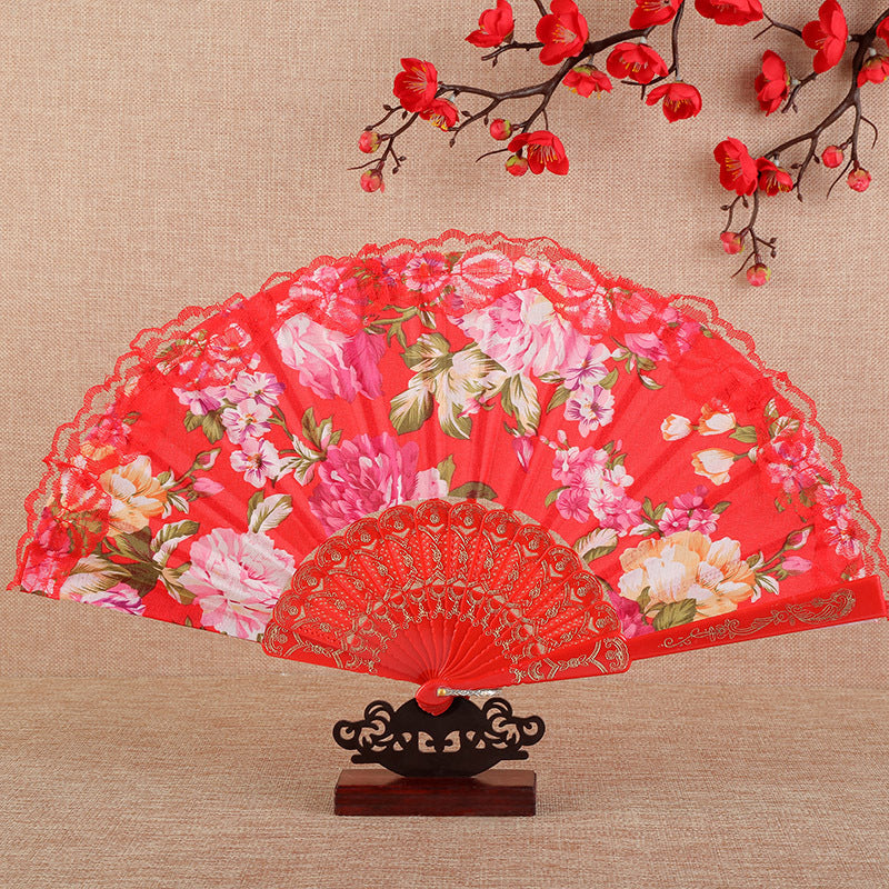 Peony Floral Lace Edge Folding Fan - Red