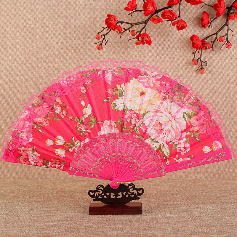Peony Floral Lace Edge Folding Fan - Rose