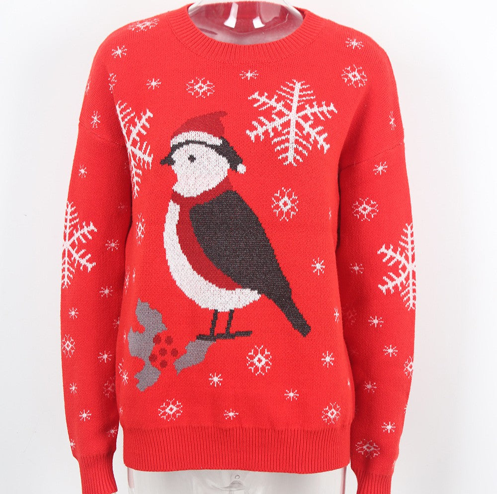 Red Santa Robin Snowflake Knit Sweater - Red - 1