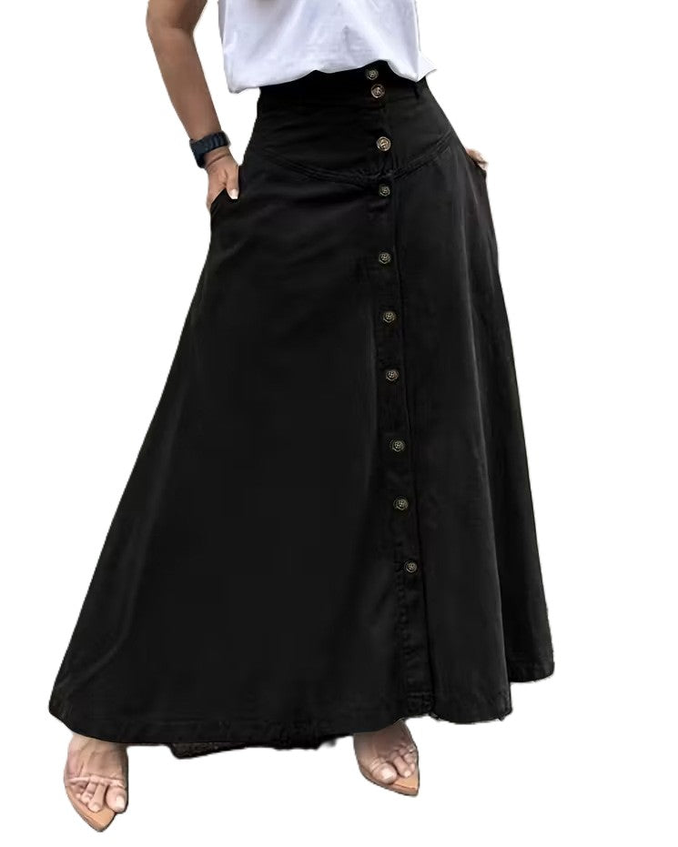 High Waist Button Front A Line Long Skirt - Black