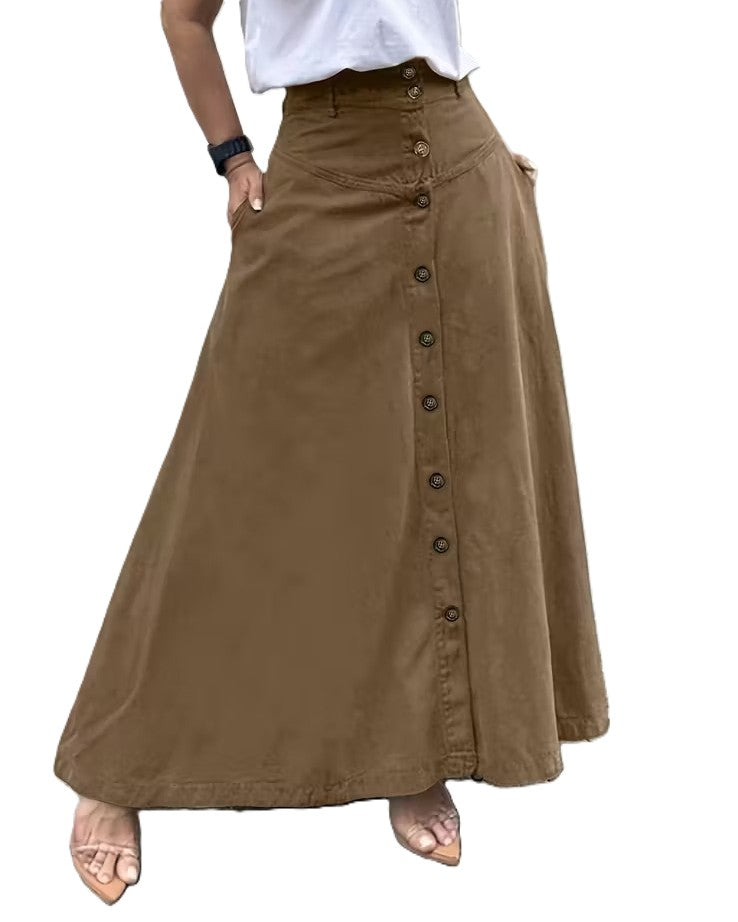 High Waist Button Front A Line Long Skirt - Brown
