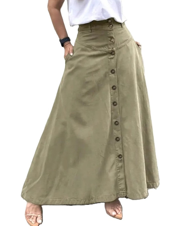 High Waist Button Front A Line Long Skirt - Green