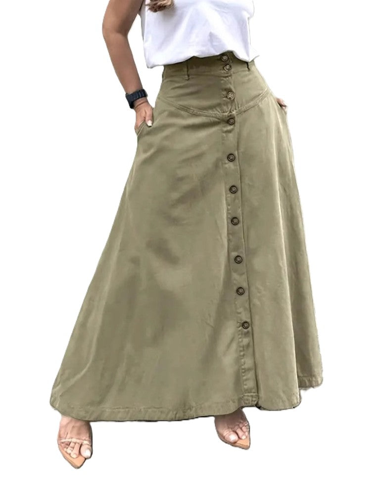 High Waist Button Front A Line Long Skirt - Green - 1