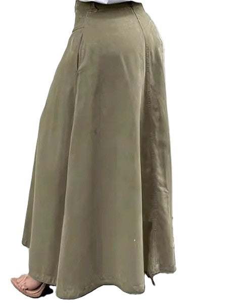 High Waist Button Front A Line Long Skirt - Green - 2