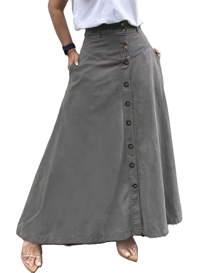 High Waist Button Front A Line Long Skirt - Grey