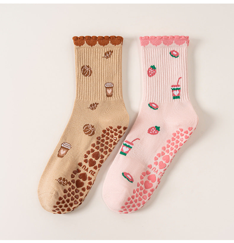 Strawberry And Coffee Print Grip Socks - Khaki