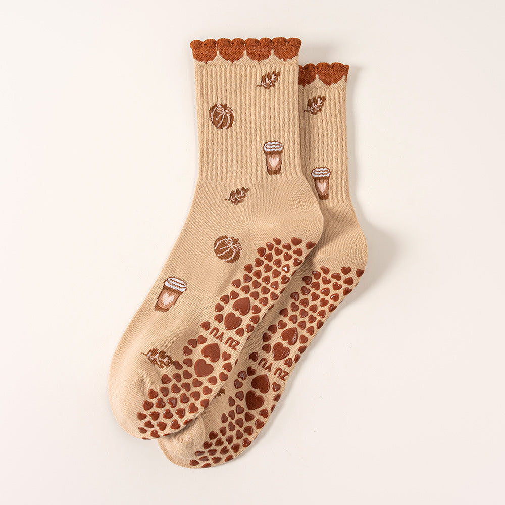 Strawberry And Coffee Print Grip Socks - Khaki - 1