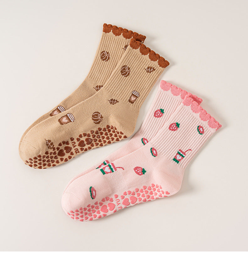 Strawberry And Coffee Print Grip Socks - Khaki - 2