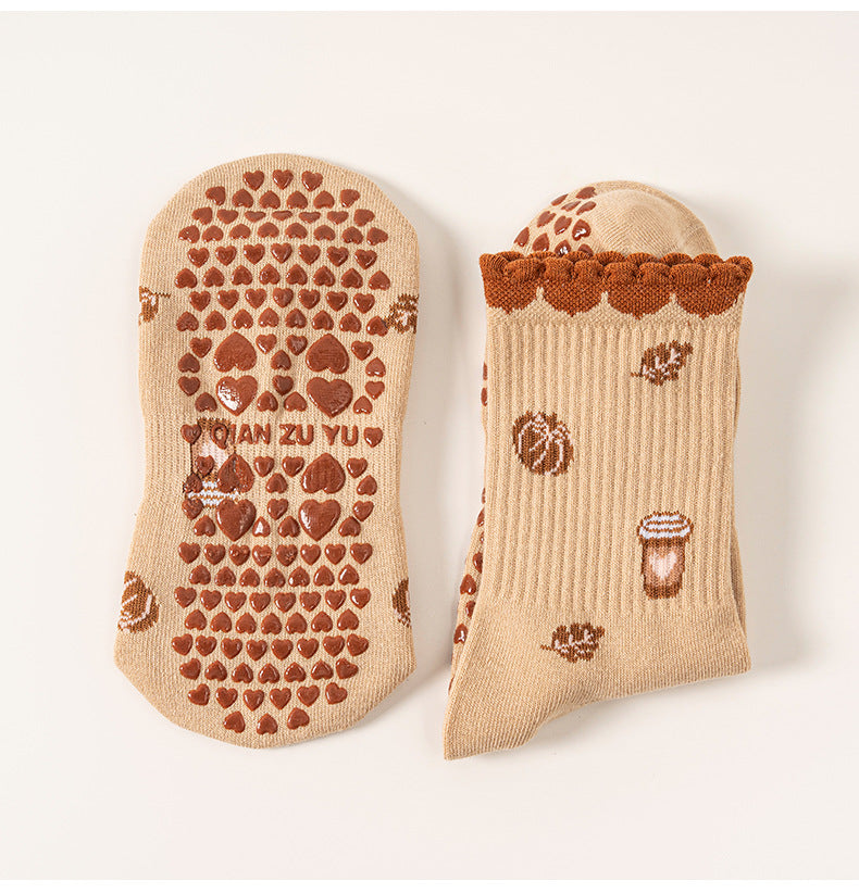 Strawberry And Coffee Print Grip Socks - Khaki - 3