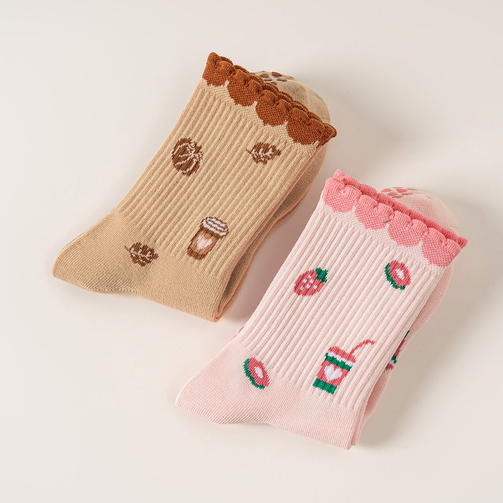 Strawberry And Coffee Print Grip Socks - Khaki - 5