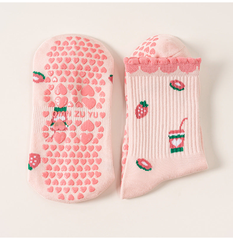 Strawberry And Coffee Print Grip Socks - Pink