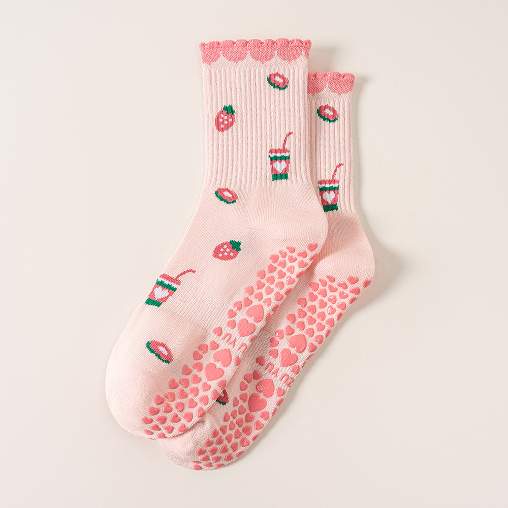 Strawberry And Coffee Print Grip Socks - Pink - 1