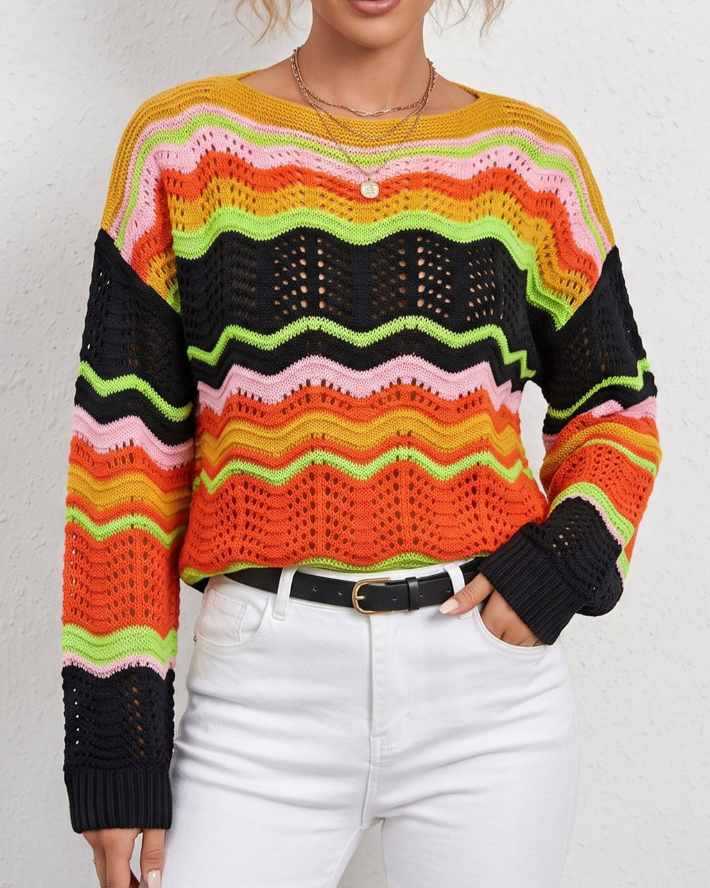 Crochet Chevron Stripe Drop Shoulder Sweater - Black