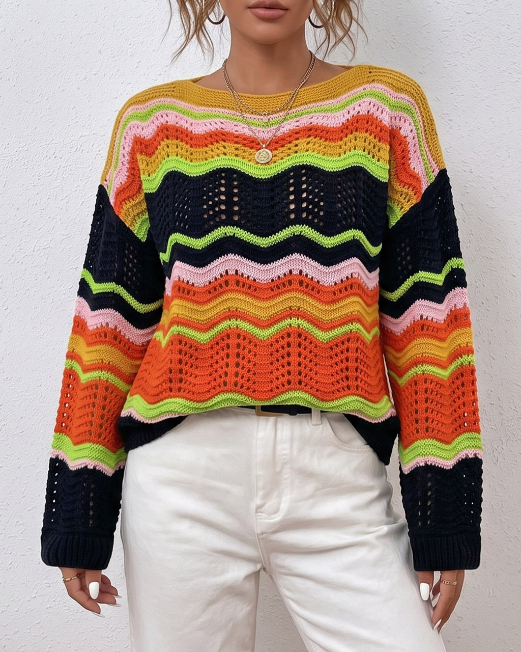 Crochet Chevron Stripe Drop Shoulder Sweater - Black - 1