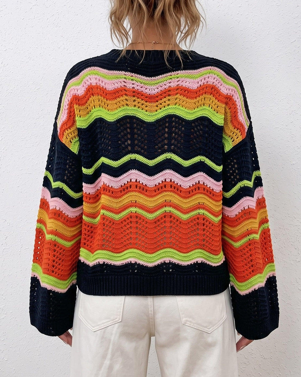 Crochet Chevron Stripe Drop Shoulder Sweater - Black - 2