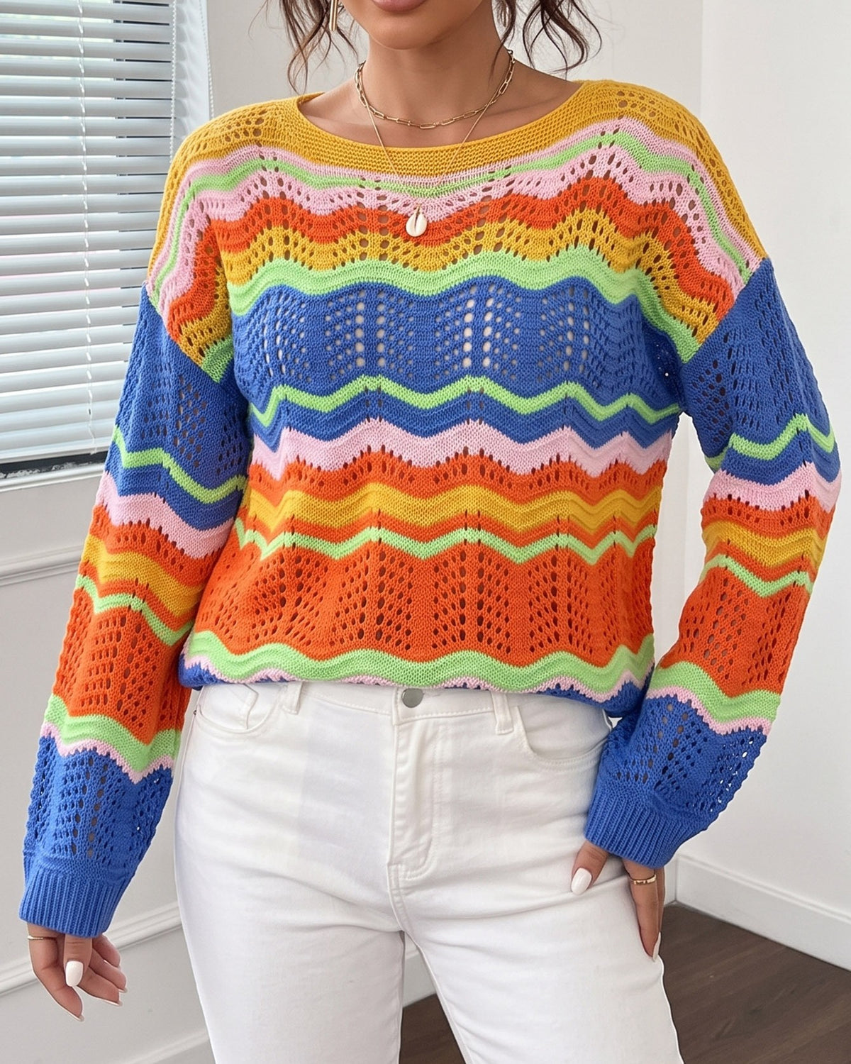 Crochet Chevron Stripe Drop Shoulder Sweater - Blue