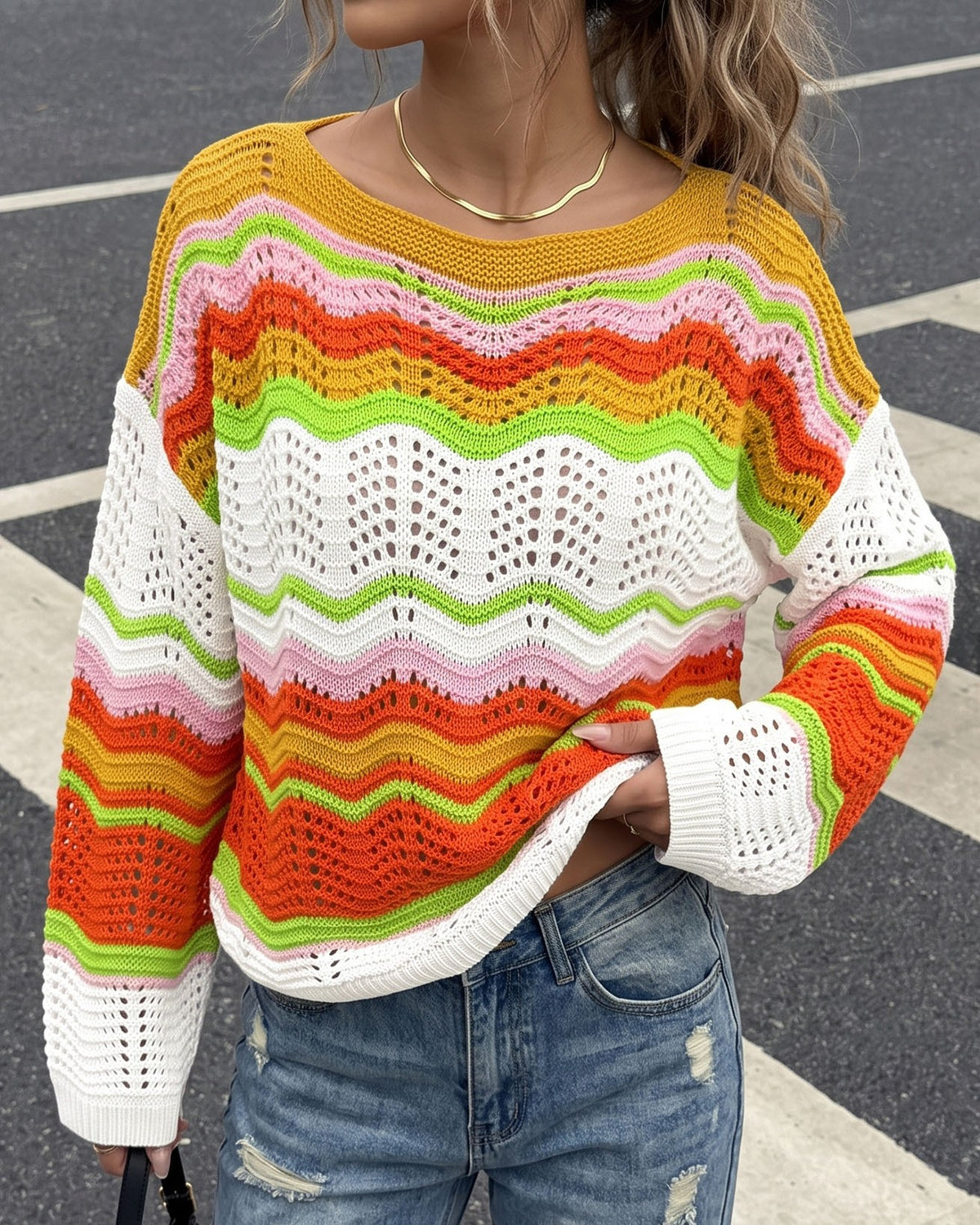 Crochet Chevron Stripe Drop Shoulder Sweater - White