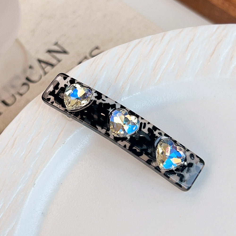 Sparkling Heart Stone Rectangle Hair Barrette - Black