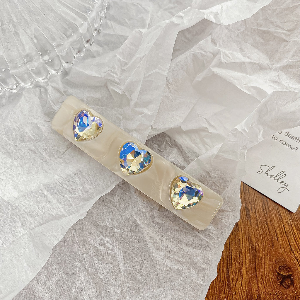 Sparkling Heart Stone Rectangle Hair Barrette - Champagne