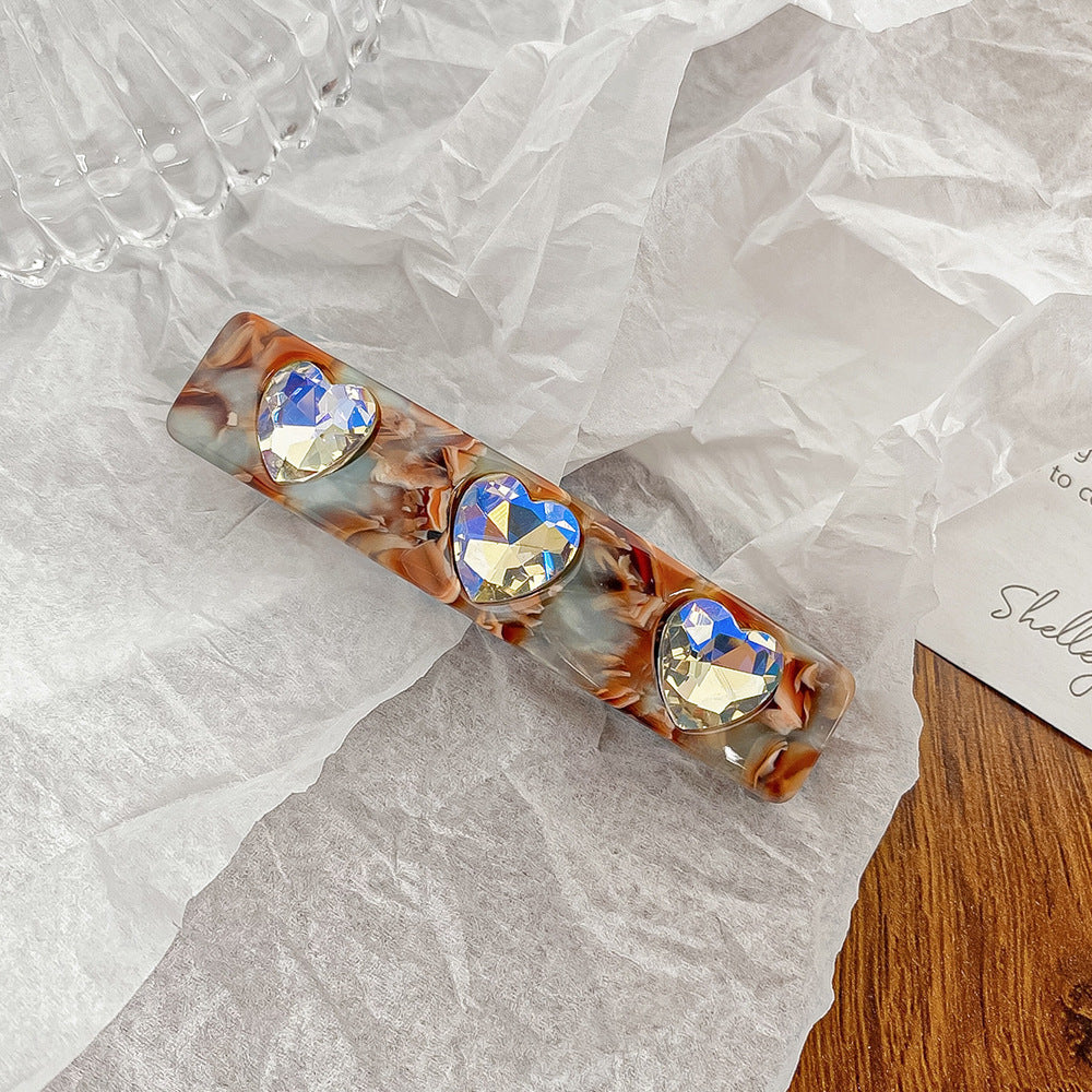 Sparkling Heart Stone Rectangle Hair Barrette - Coffee