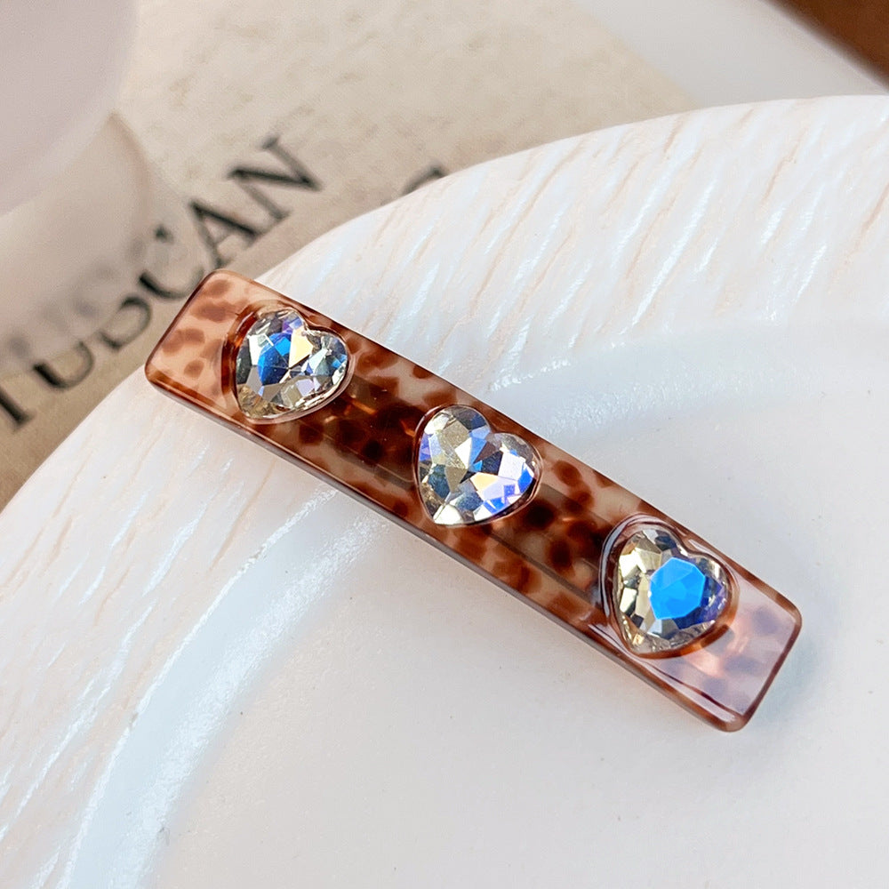 Sparkling Heart Stone Rectangle Hair Barrette - Leopard
