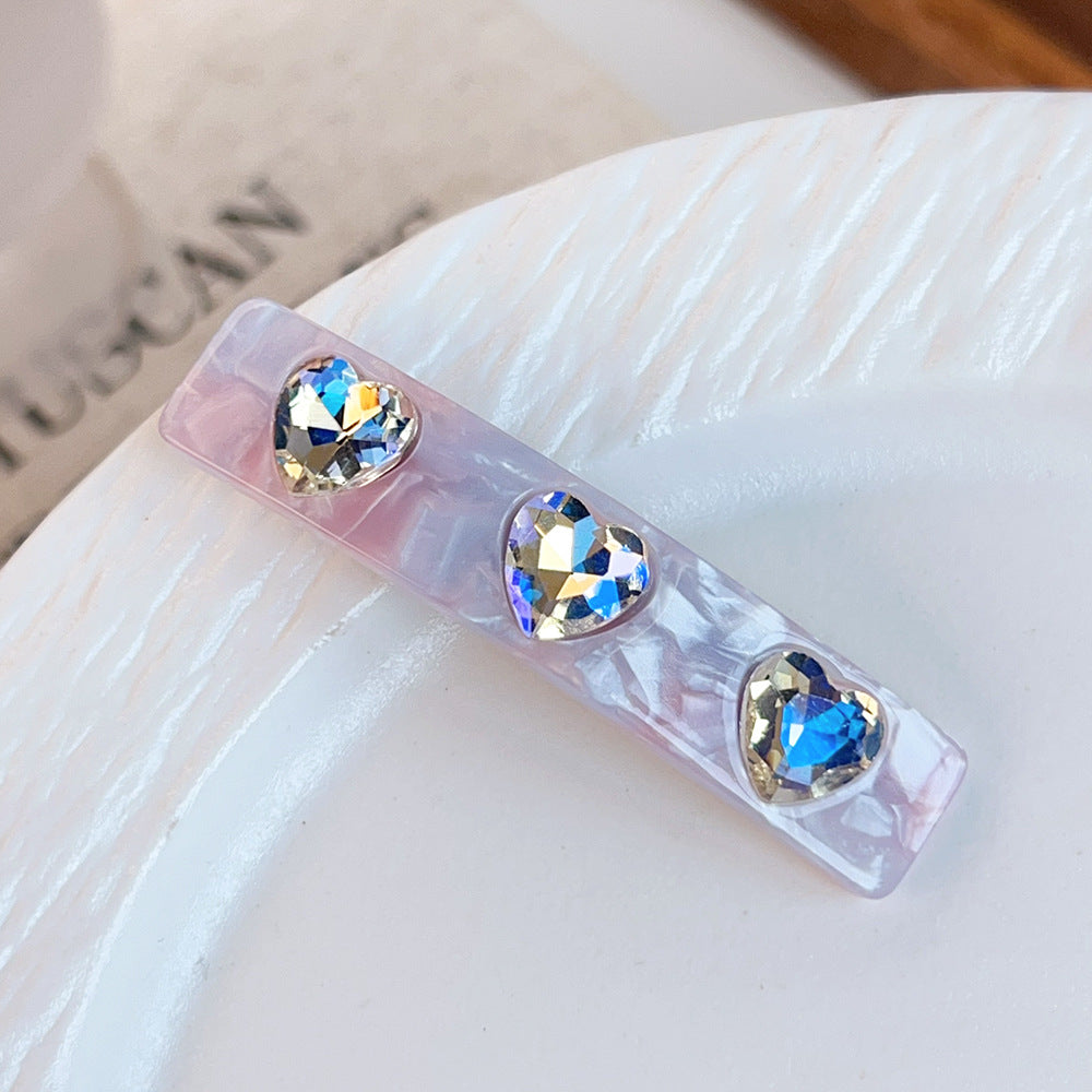Sparkling Heart Stone Rectangle Hair Barrette - Pink
