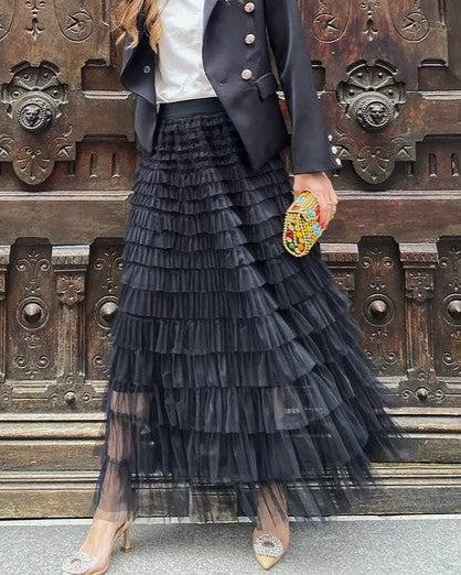 Layered Mesh Tulle High Waist Maxi Skirt - Black